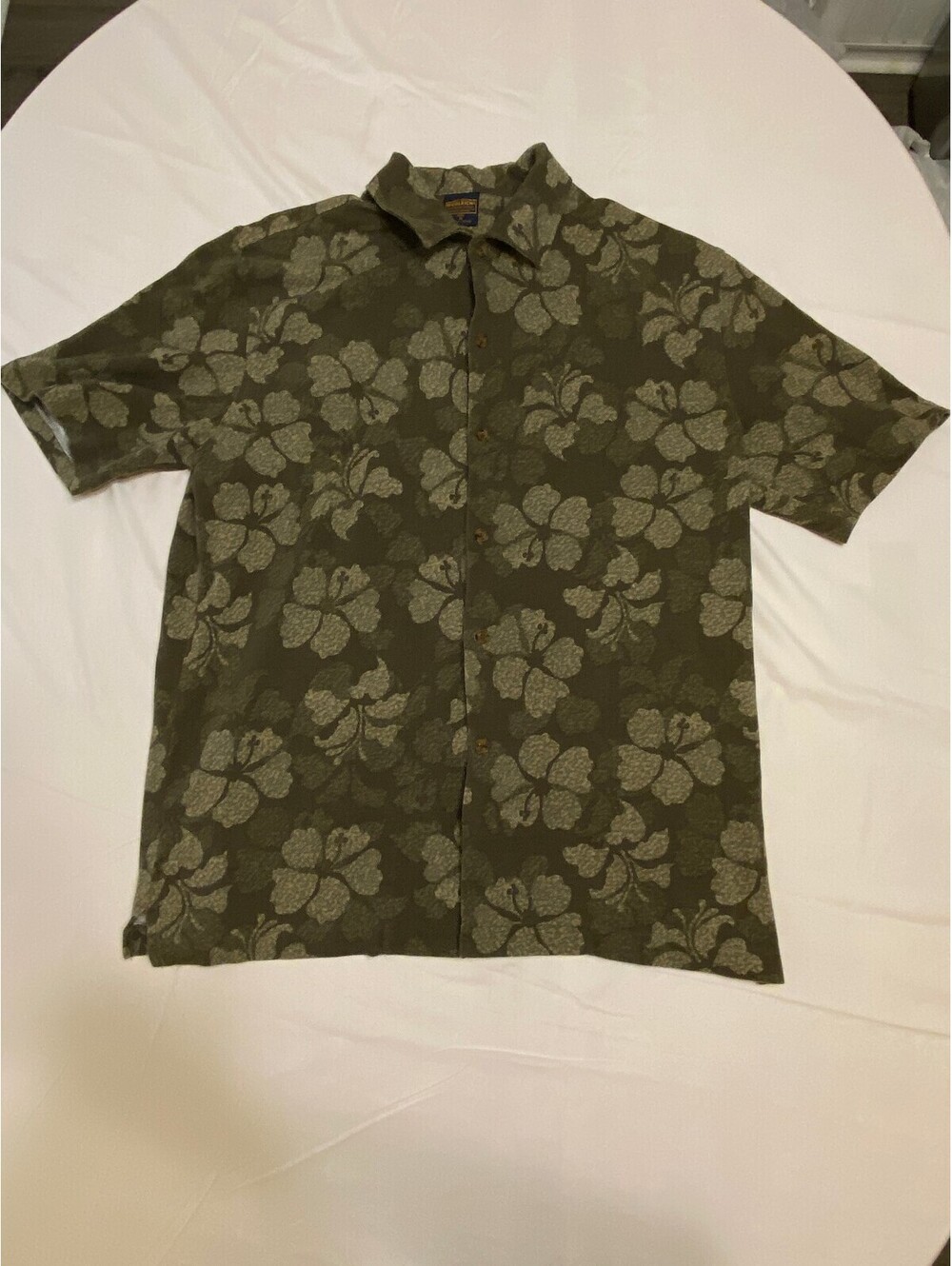 Woolrich Hawaiian Shirt Mens M Olive Green Hibiscus Floral Camp Button Up